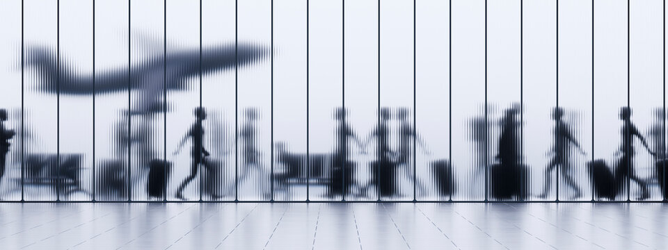 3D panoramic airport terminal with aircraft and traveler silhouettes behind textured glass