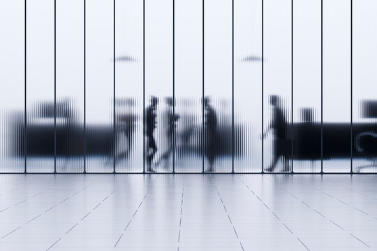 3D modern office lobby with walking silhouettes behind translucent architectural glass