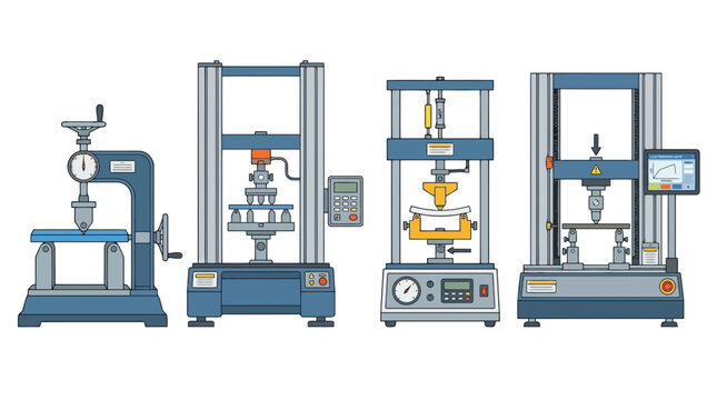 Illustration of Universal Testing Machines and Laboratory Equipment for Mechanical Material Testing, Flexural Strength, and Quality Control in Engineering