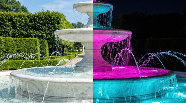 Elegant Tiered Fountain in Garden Day and Night Illumination