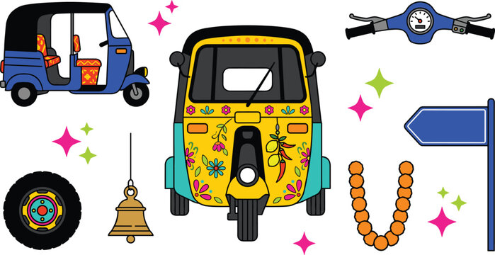 Colorful Indian Auto Rickshaw Vector Set Featuring Decorated Tuk Tuk Front View, Side View, Scooter Handlebar, Tire, and Traditional Garland Elements