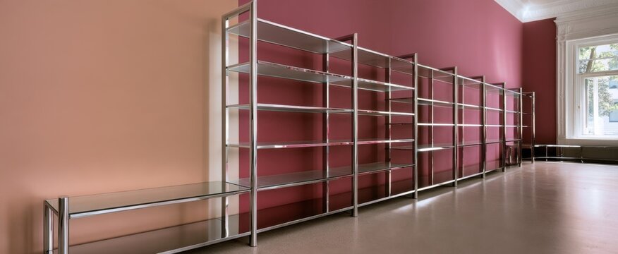 Chrome metal shelving unit in empty boutique interior with pink and peach walls for retail display, showroom layout and store design background