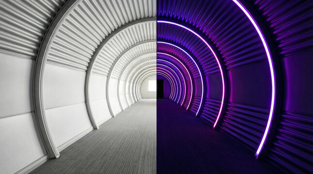 Modern Futuristic Tunnel Corridor with Vibrant Purple Neon and Bright White Lighting