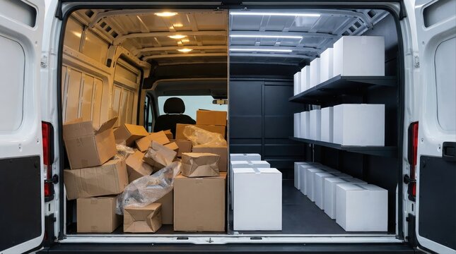Contrasting Unorganized Delivery Van with Organized Shelved Boxes Inside