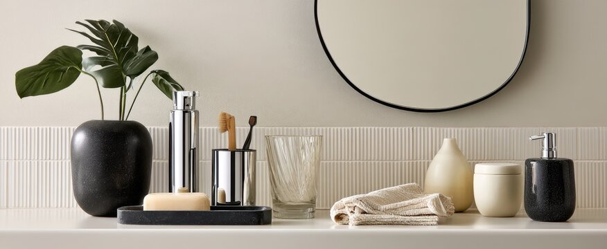 Neutral bathroom vanity styling with soap dispenser plant and mirror for interior design, product display and background use
