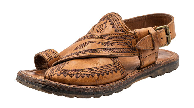Traditional handcrafted leather sandal with intricate embossed pattern, vintage brown mens leather footwear, ethnic summer shoe isolated PNG with Transparent Background