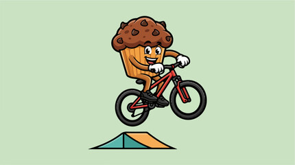 Obraz premium Fun cartoon muffin character riding a mountain bike jump.