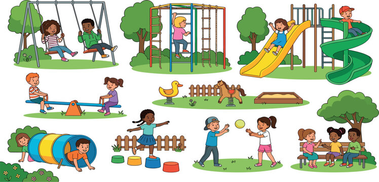 Happy diverse children playing on outdoor playground equipment swings slide seesaw monkey bars vector set