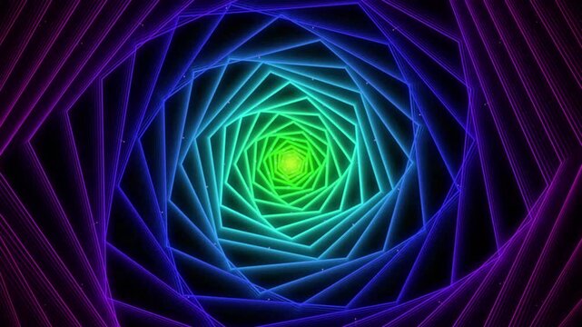 Neon hexagon tunnel abstract background with pulsing rainbow light motion