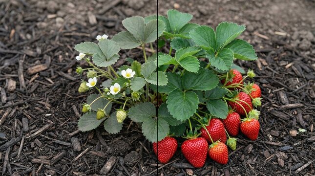 Strawberry Plant Development: From Flowers to Ripe Red Berries.