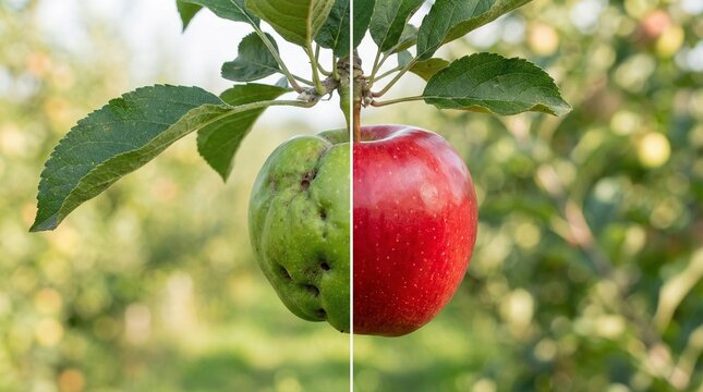 Contrasting Half Ripe and Damaged Green Apple with Vibrant Red Apple