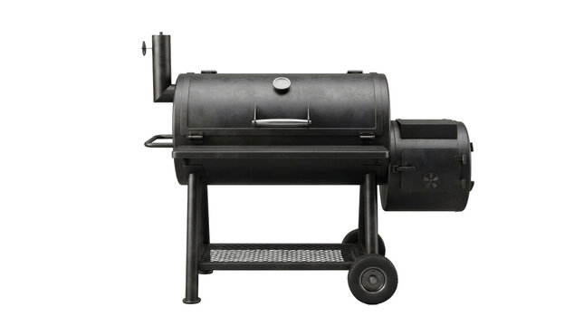Large black metal offset smoker grill designed for slow cooking barbecue meat is isolated on a neutral background.
