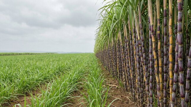 Vibrant Green Sugarcane Field with Tall Purple and Green Stalks