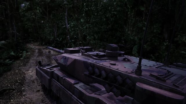 Hidden tank positioned for defensive ambush within wooded terrain at night, low silhouette and armor facing likely avenue of approach mood conveys vigilance,