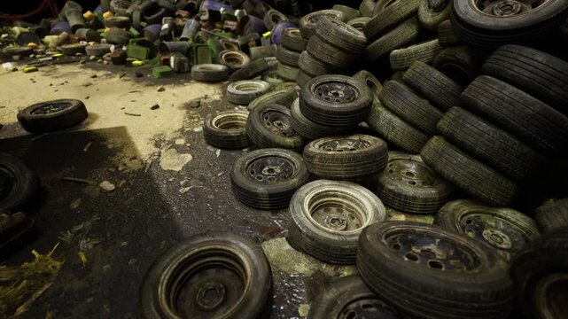 Scattered discarded tires and rusty rims in salvage yard corner, gritty floor covered with small rubber fragments, scene evokes industrial reuse potential