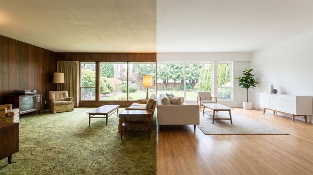 Modern Home Renovation: Bright Living Room Transformation with Hardwood Floors