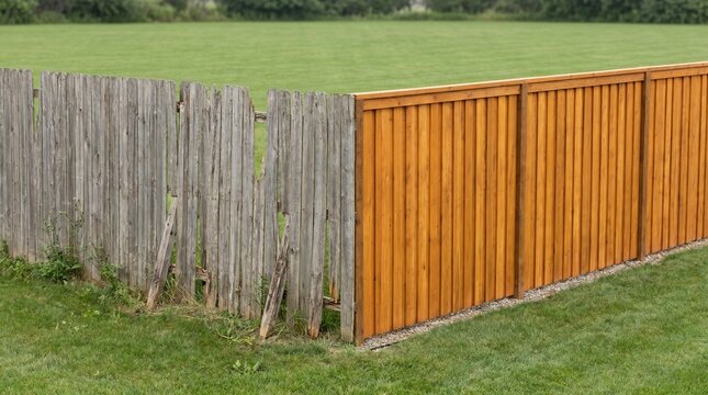 Old Weathered Wooden Fence Compared with New Stained Sections