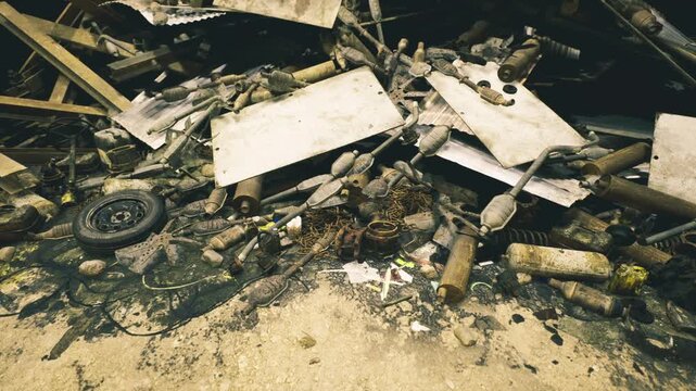 Sunlit pile of mixed scrap with scattered tires and metal panels, broken furniture and foam fragments on gritty concrete, rusted beams and scattered tools
