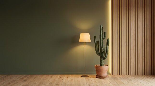 Dark olive green wall with floor lamp and cactus in pot, copy space