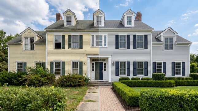 Before and After Renovation of Old House with New Siding and Landscaping