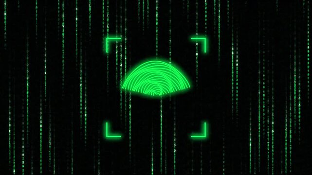 Green matrix digital code rain background with central biometric fingerprint scanning interface