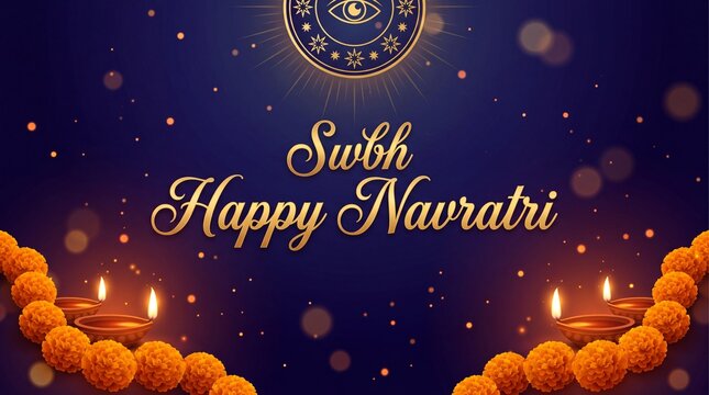 Golden happy navratri text with decorative elements and diyas