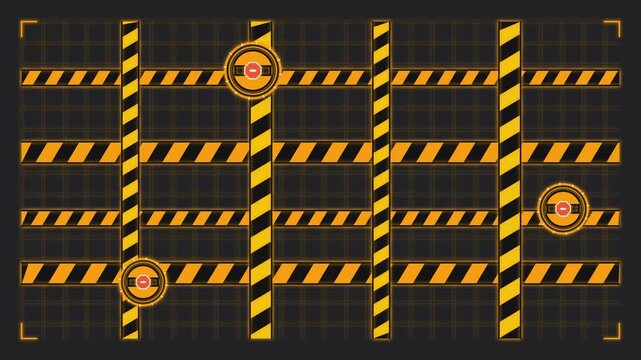 Yellow and black hazard striped security grid motion background, with moving cyber, warning cursors caution tape