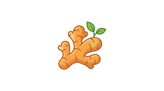 A simple cartoon vector illustration of a fresh ginger root with two green leaves, isolated on a clean white background