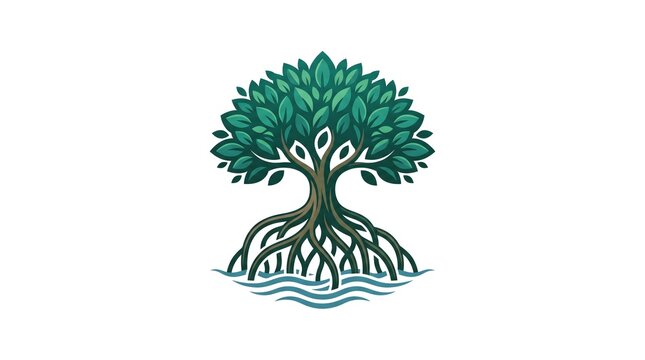 A stylized vector illustration of a mangrove tree with dense green leaves and a complex aerial root system immersed in blue water waves, isolated on a white background.