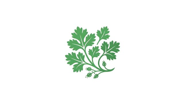Minimalist green vector illustration of a coriander sprig with fresh leaves and seeds isolated on a plain white background