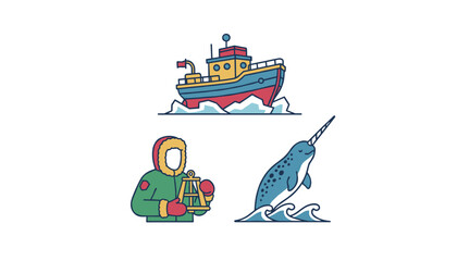 Arctic scene with a fishing boat researcher and narwhal © tomasz