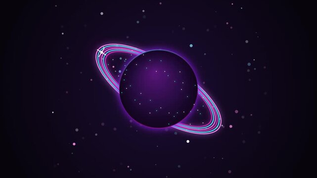 Neon space planet Saturn with glowing pink and blue rings spinning in deep dark cosmic background