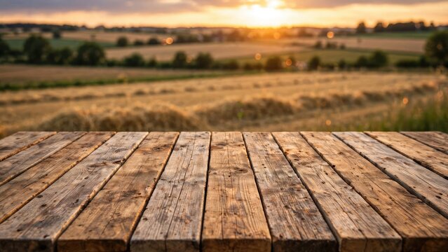 Rustic wooden table surface with a beautiful blurry countryside sunset view in the background.
