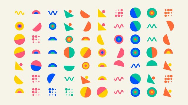 Vibrant retro geometric shapes animation with colorful minimalist abstract patterns and motion abstract background