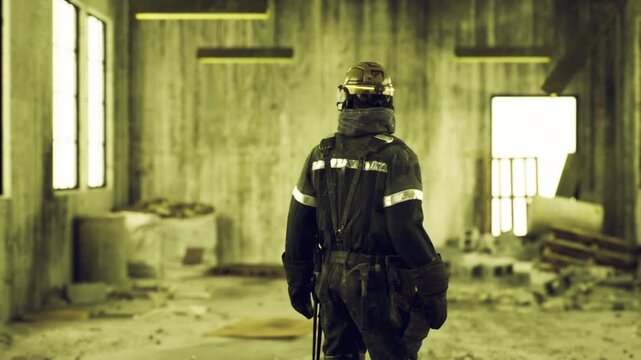 Industrial inspector walking through empty factory, helmet and coat visible while traversing dusty interior with high windows and scattered debris, yellowish