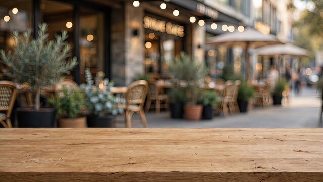 Empty wooden table top with blurred restaurant background on a city street.