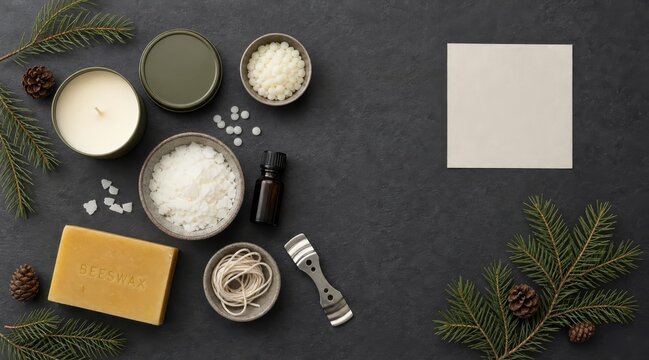 Candle making supplies flat lay with blank card on dark slate