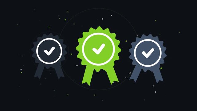 Animated assurance checkmark badges and certified ribbons on dark background, with glowing particles, for business success, and trust concepts