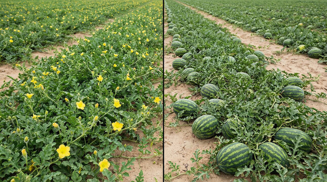 Watermelon Field Displaying Early Growth and Mature Ripe Fruits