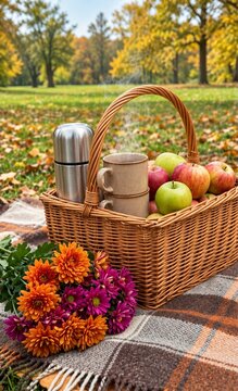 Generative AI illustration of a cozy autumn picnic with a wicker basket full of fresh apples, steaming mugs, a thermos, and beautiful flowers on a plaid blanket in a park