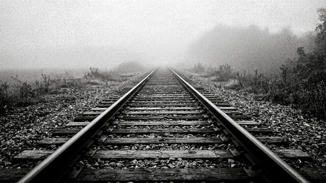 Railway Tracks Disappearing into the Distance with Geometric Lines and Atmospheric Perspective