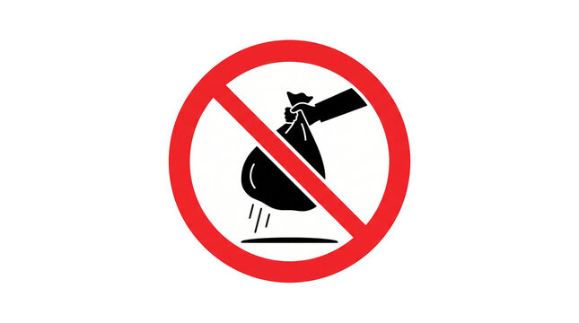 No littering prohibition sign with hand dropping trash bag icon
