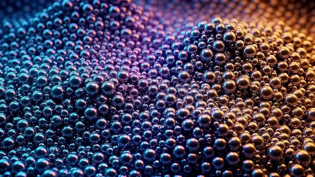 Abstract metallic spheres ripple and flow in a dynamic blue and gold pattern, creating a futuristic digital background for technology and design.