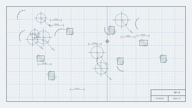 Technical blueprint schematic animation with engineering dimensions, geometric shapes, and grid lines on blue background, for industrial and, architecture projects