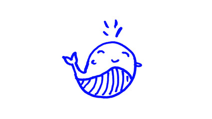 Hand drawn blue smiling whale with a striped belly doodle isolated on a clean white background, a simple marker style sketch with a natural handmade look, ideal for nursery decor, ocean themed birthda © Muhammad