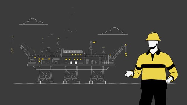 Offshore Oil Platform with Energy Worker, Drilling Equipment, Cranes and Industrial Line Art Illustration