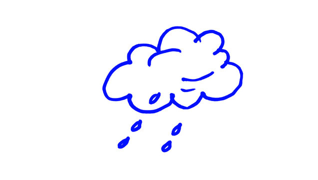 Blue rain cloud with falling raindrops sketch drawn by hand and isolated on plain white, a cute freehand illustration with uneven playful outlines, a simple weather symbol for banners, planners, greet