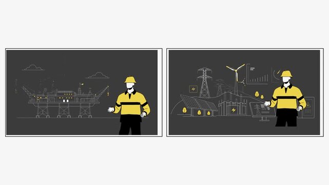 Oil, Gas and Renewable Energy Pack with Offshore Platform, Power Grid, Solar Panels, Wind Turbine and Energy Worker