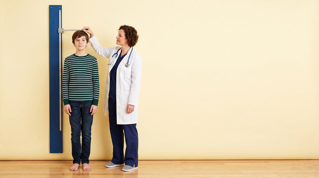 A female doctor in a white lab coat and stethoscope measuring the height of a young boy ad social media download thambnail poster web template event festival 2026 2027 2028