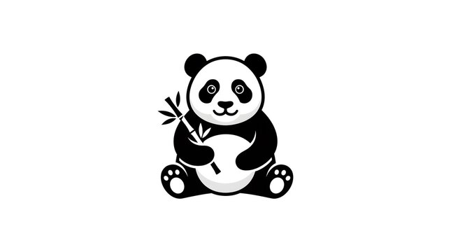 A clean and minimalist vector logo design of a cute sitting panda bear holding a stalk of bamboo, isolated on a white background.